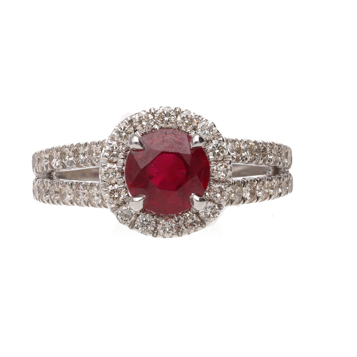 14K White Gold 1.36ct Round Ruby &amp; Diamond Halo Ring 5.4g size 6.5