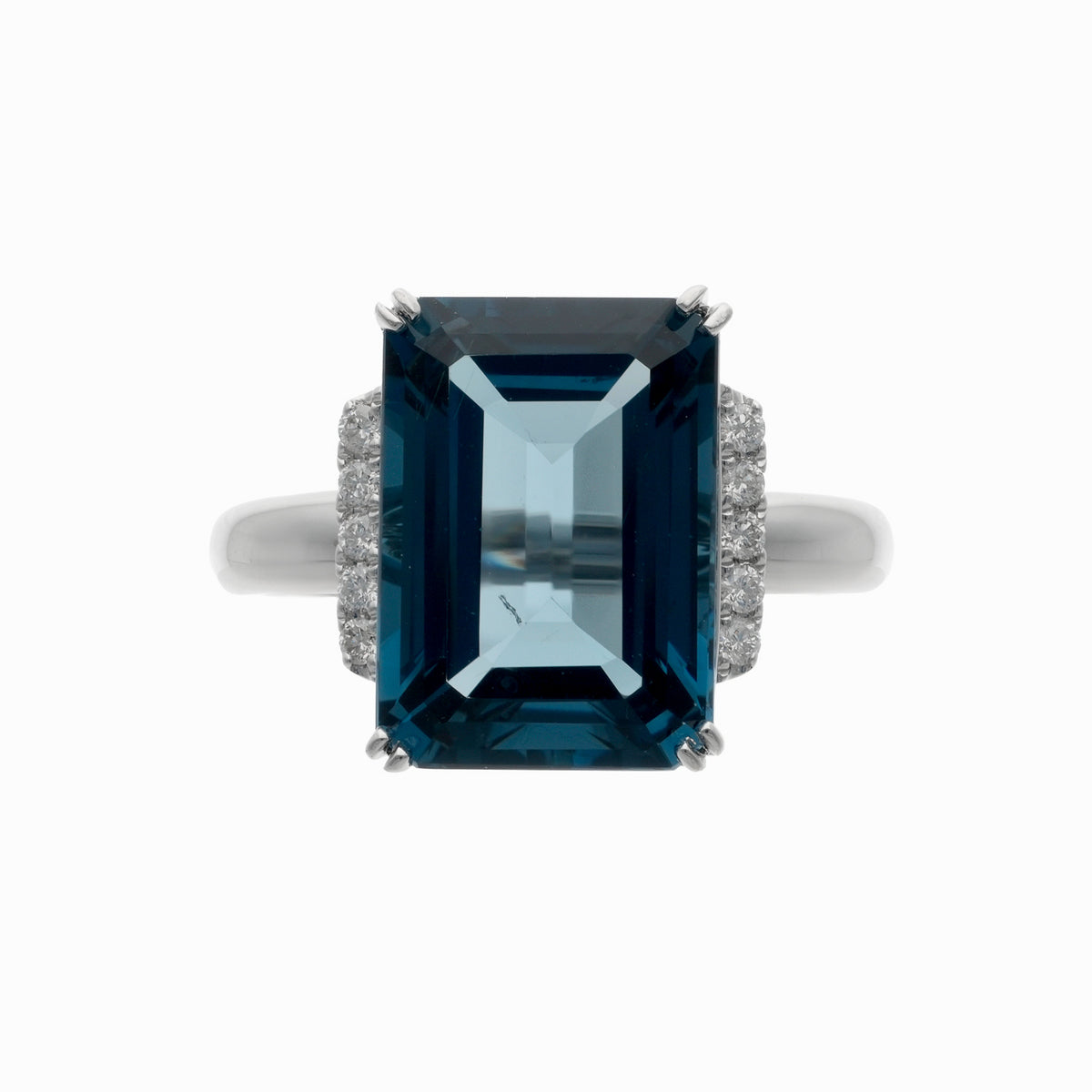 14K White Gold 15ct Emerald-Cut London Blue Topaz &amp; 0.48ct TW Diamond Halo Dinner Ring