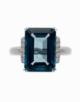 14K White Gold 15ct Emerald-Cut London Blue Topaz & 0.48ct TW Diamond Halo Dinner Ring
