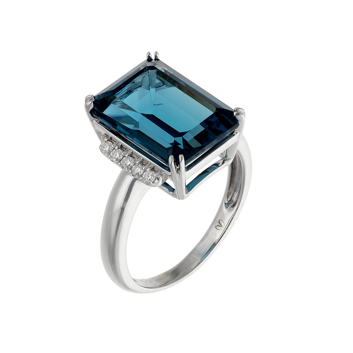 14K White Gold 15ct Emerald-Cut London Blue Topaz &amp; 0.48ct TW Diamond Halo Dinner Ring