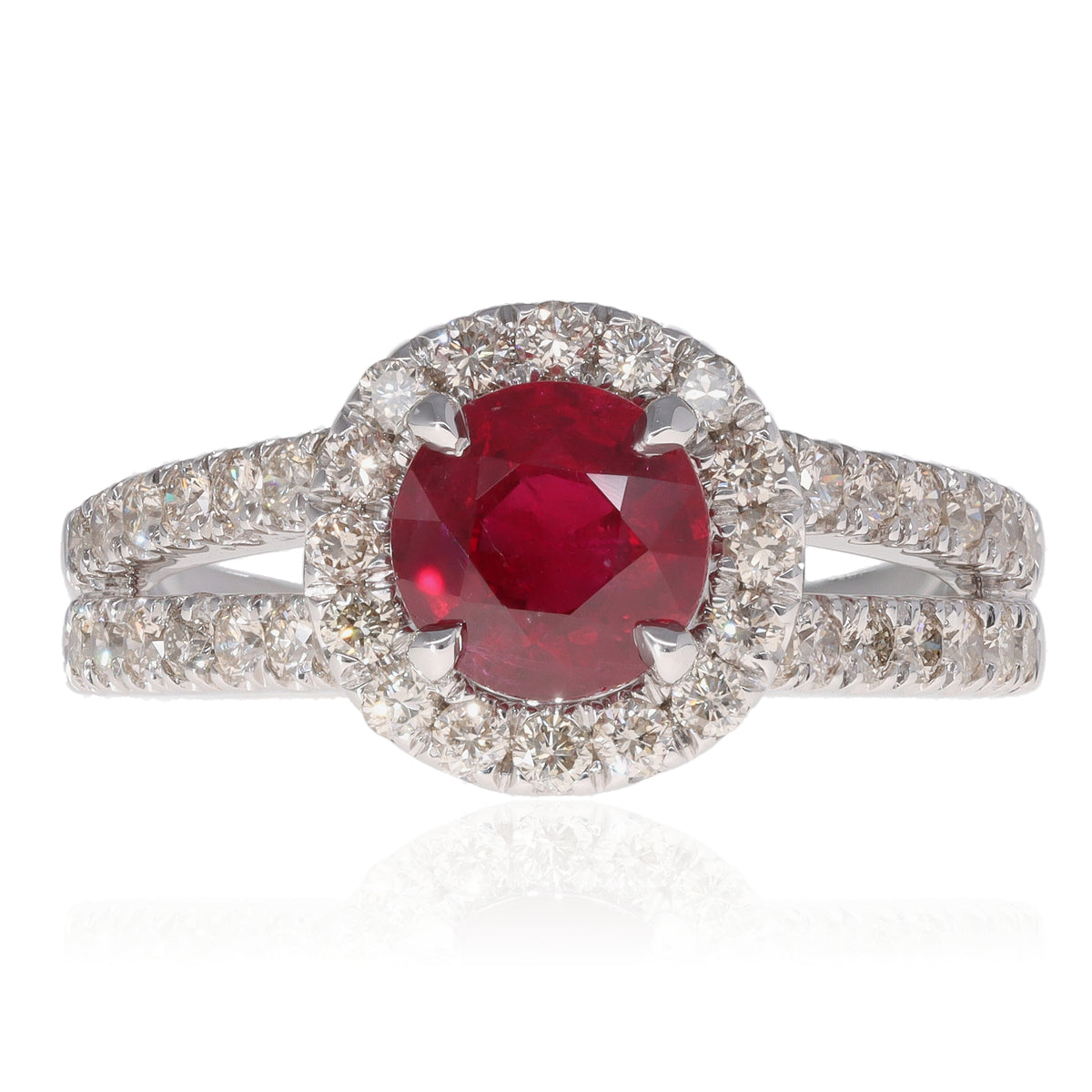 14K White Gold 1.36ct Round Ruby &amp; Diamond Halo Ring 5.4g size 6.5