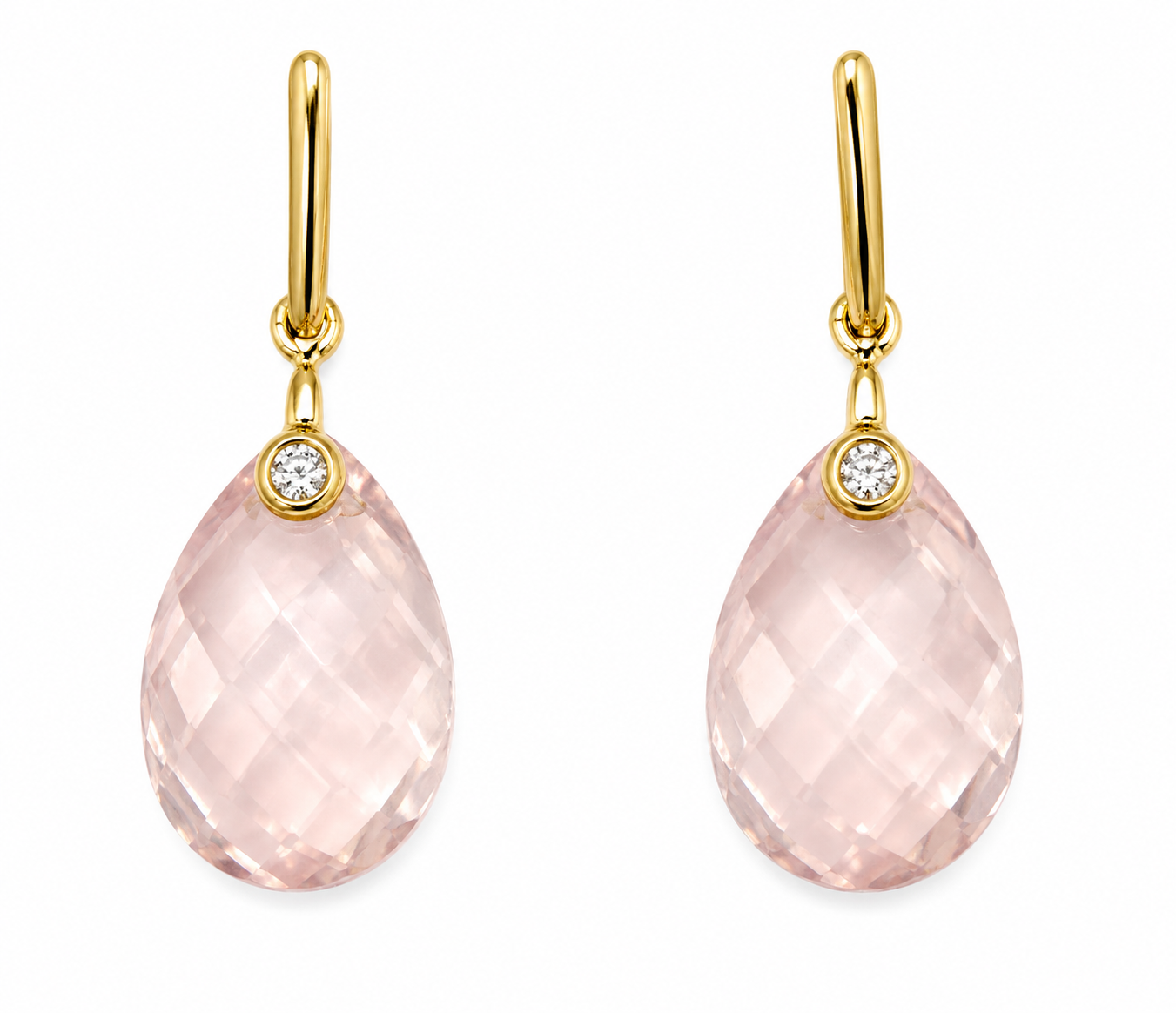 14K Yellow Gold Rose Quartz Drop Earrings with Diamond Accents