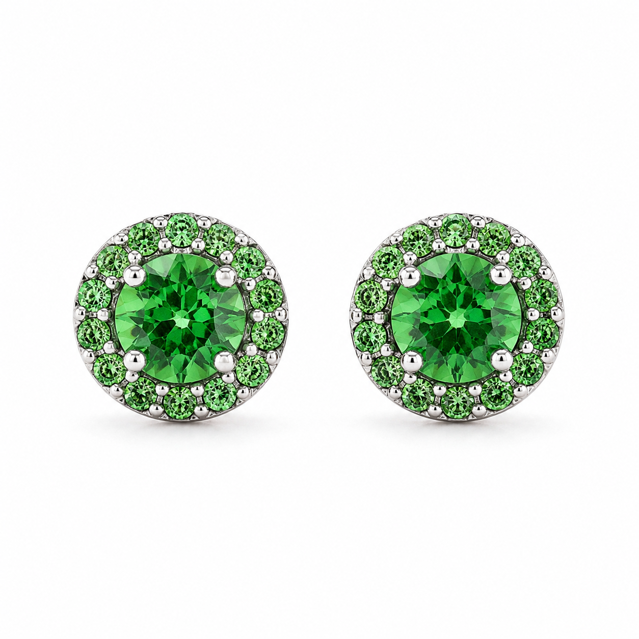 14K White Gold Tsavorite Halo Stud Earrings .65 CTW