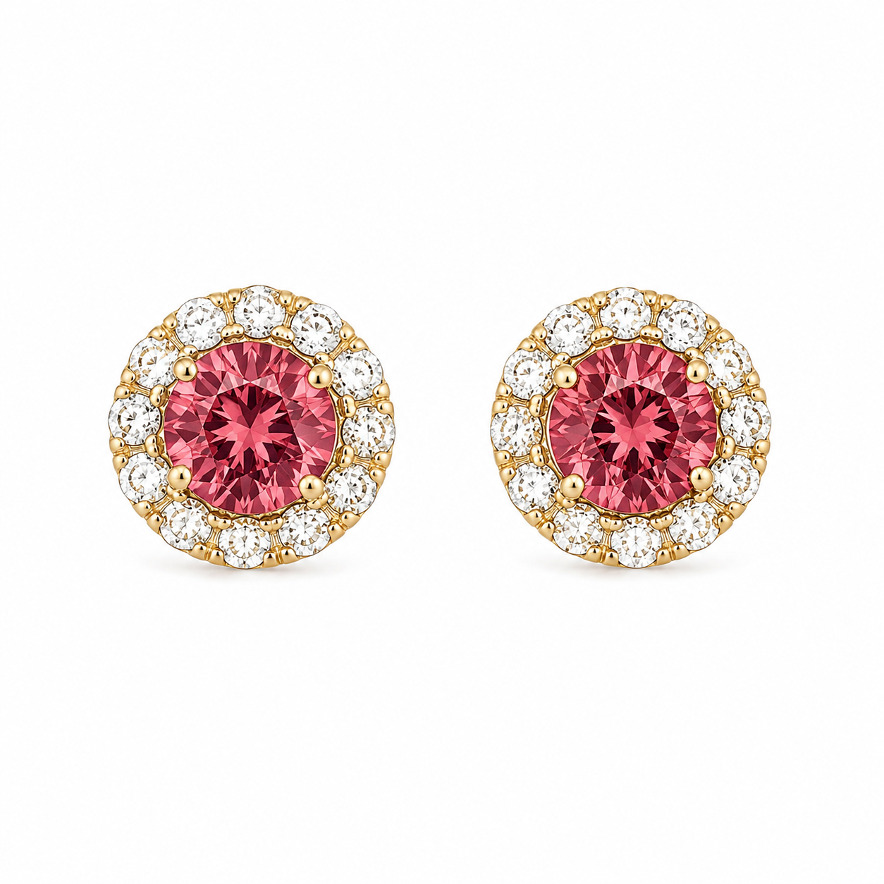 14K Yellow Gold Pink Tourmaline &amp; Diamond Halo Earrings .73 CTW
