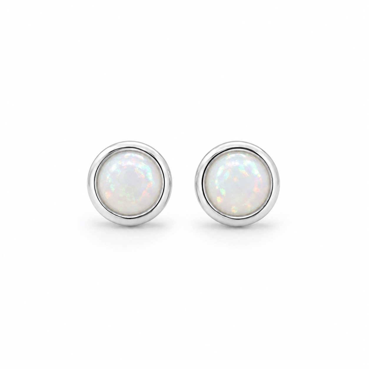 Sterling Silver Round Bezel Set Opal Stud Earrings