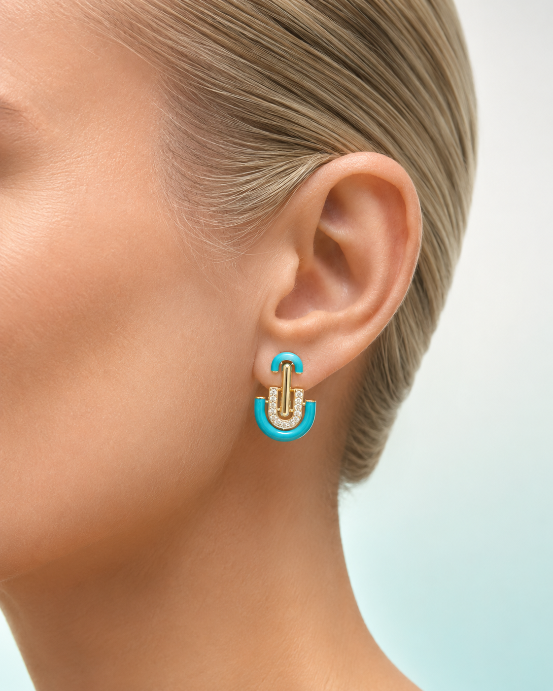 14K Yellow Gold Blue Enamel Diamond Earrings – 0.57 CTW Diamond Geometric Earrings