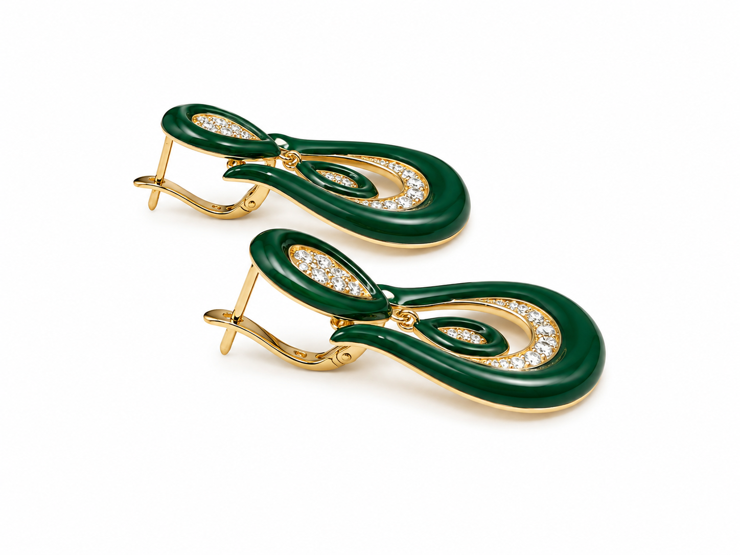 Green Enamel &amp; Diamond Drop Earrings in 14K Yellow Gold | 0.53 CTW Diamonds