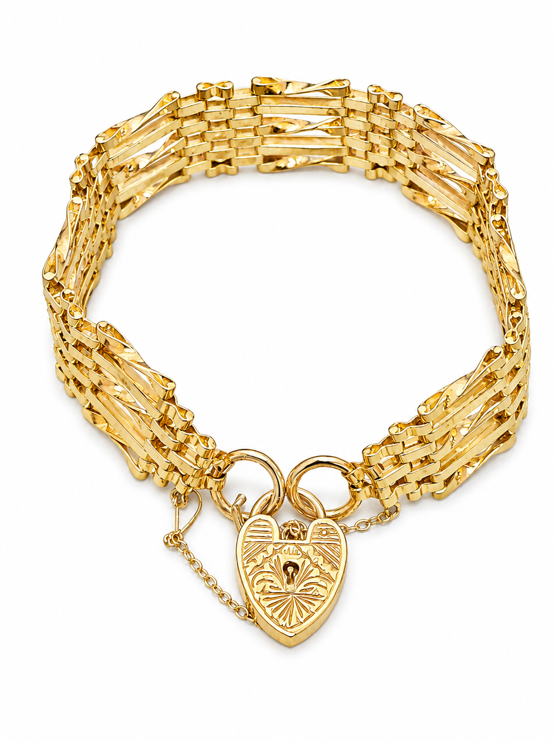 Vintage 14K Yellow Gold Heart Lock Bracelet with Engraved Heart Padlock Clasp