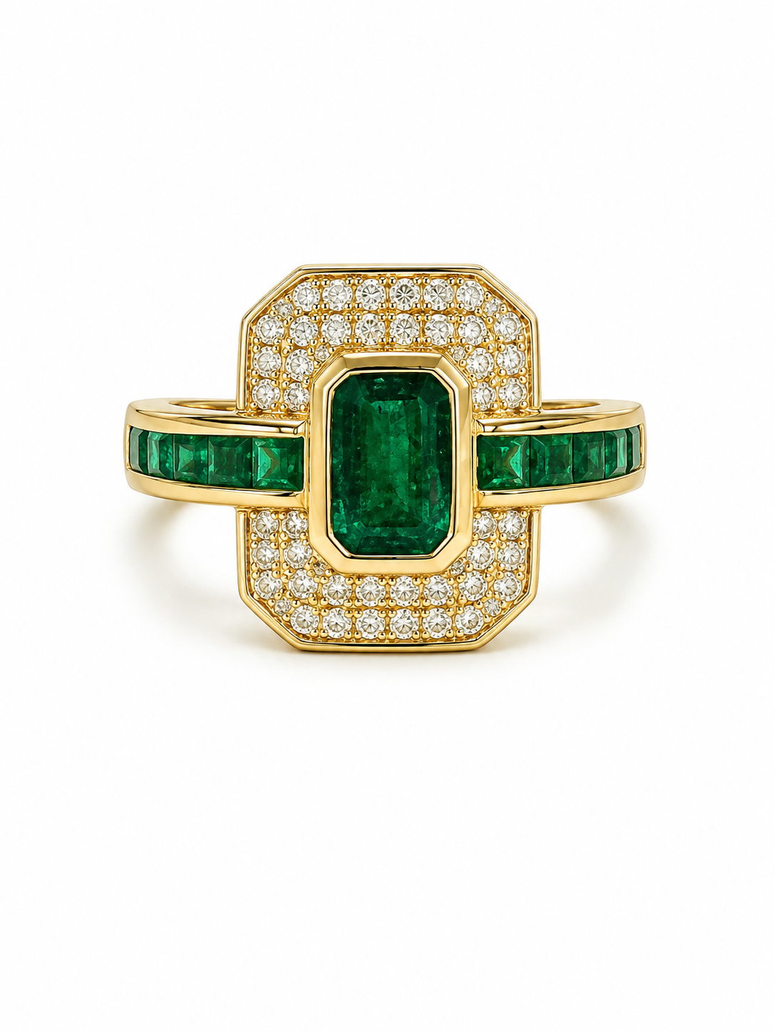 18K Yellow Gold Emerald &amp; Diamond Art Deco-Inspired Ring