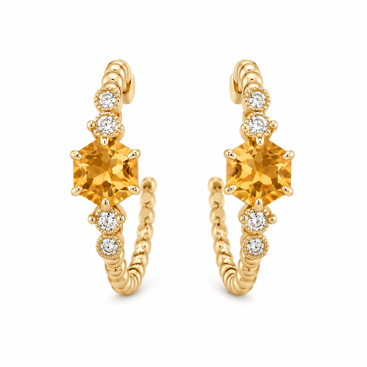 14K Yellow Gold Citrine &amp; Diamond Hoop Earrings – .56 CTW