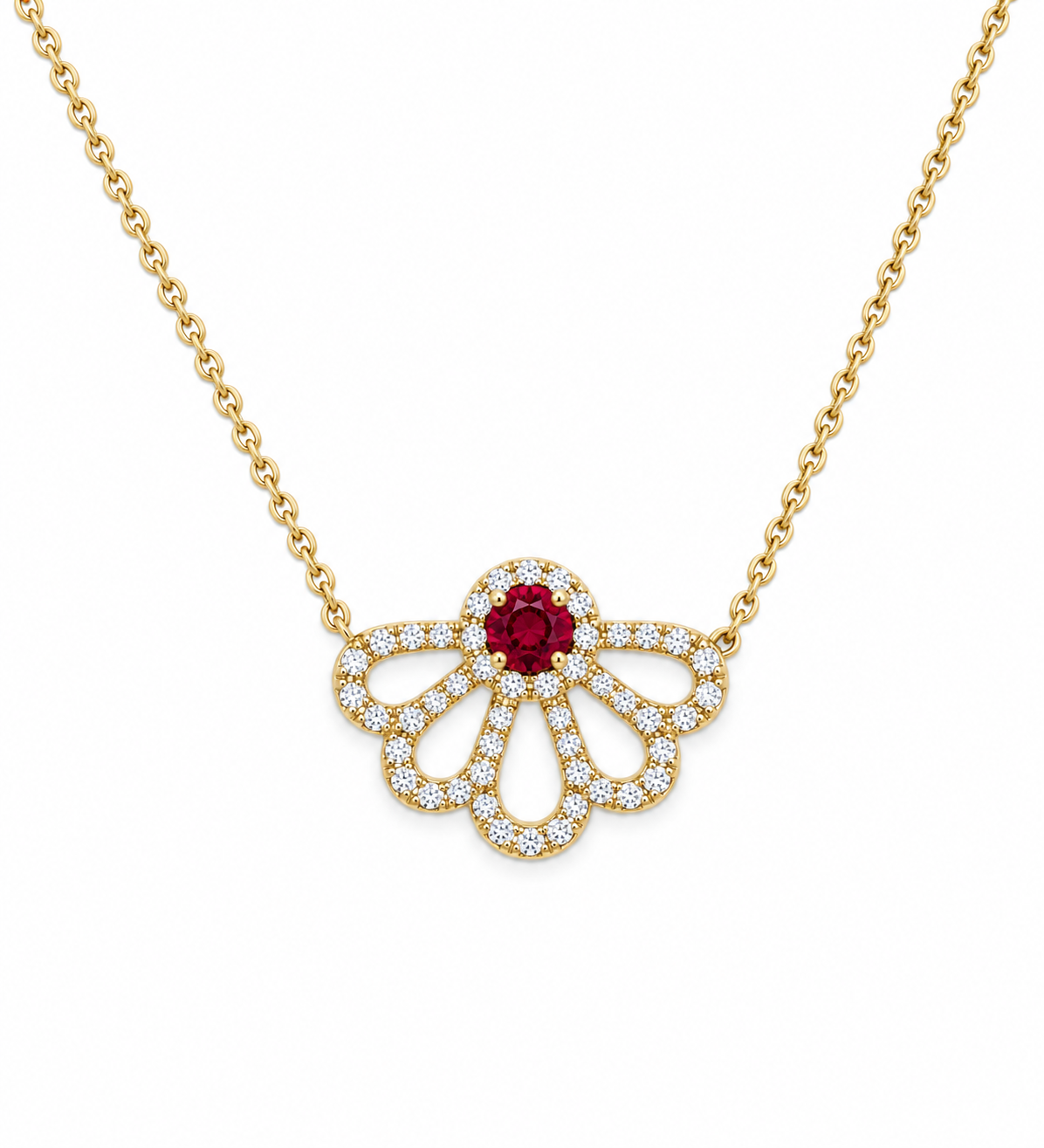 14K Yellow Gold Ruby &amp; Diamond Floral Necklace – .38 CTW
