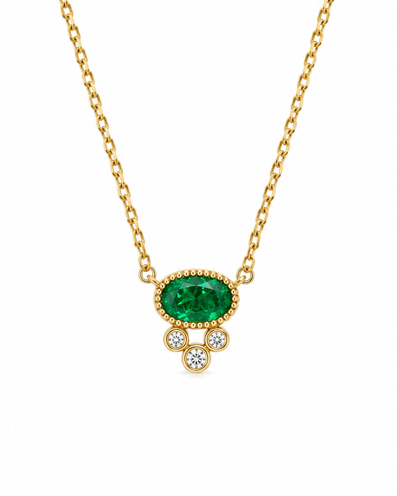 14K Yellow Gold Oval Emerald &amp; Diamond Necklace – .41 CTW