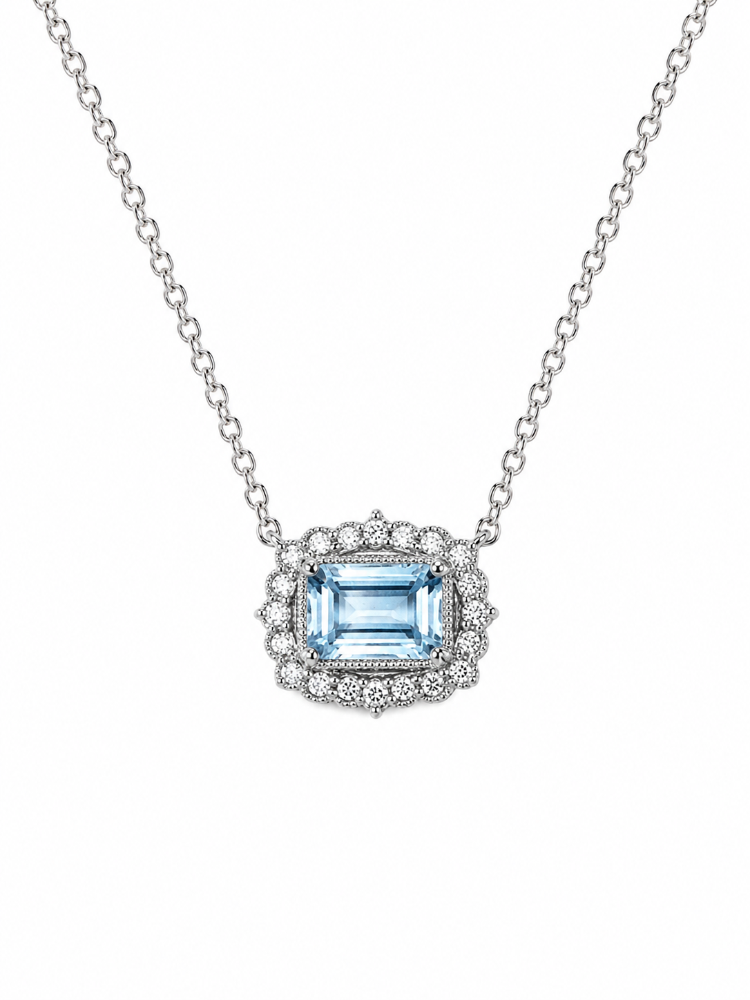 14K White Gold Emerald-Cut Aquamarine &amp; Diamond Halo Necklace