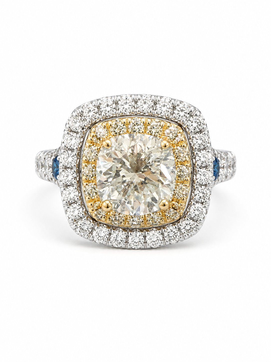 Two-Tone Diamond &amp; Blue Sapphire Double Halo Engagement Ring – 1.91 CT Center