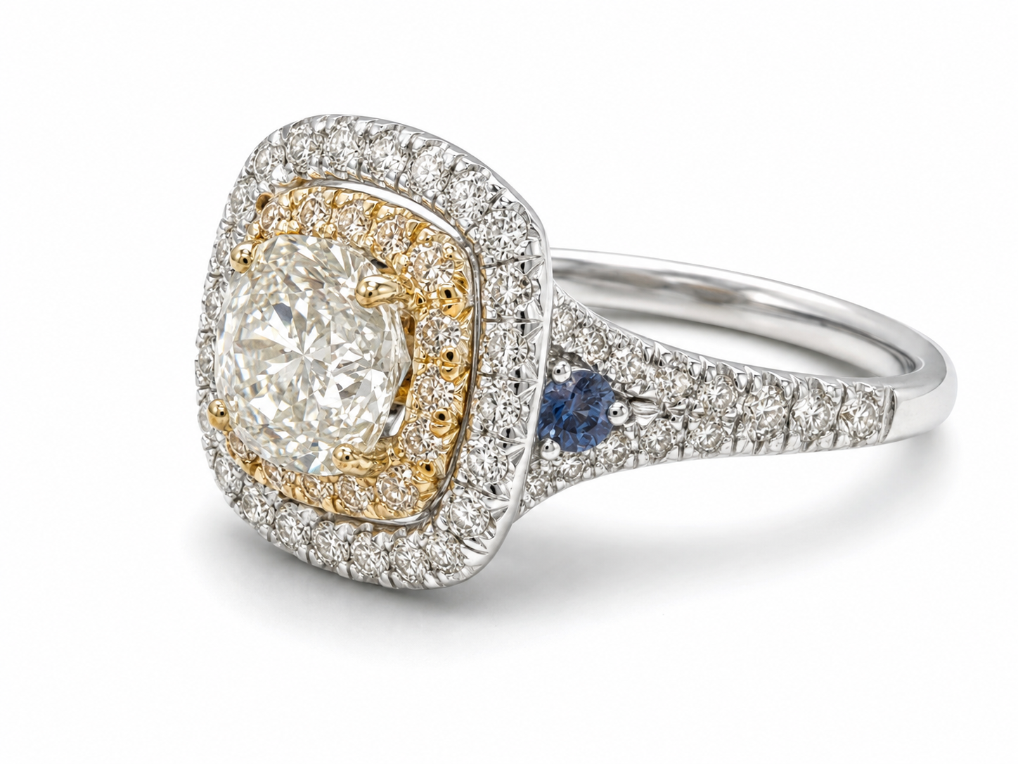 Two-Tone Diamond &amp; Blue Sapphire Double Halo Engagement Ring – 1.91 CT Center
