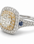 Two-Tone Diamond & Blue Sapphire Double Halo Engagement Ring – 1.91 CT Center