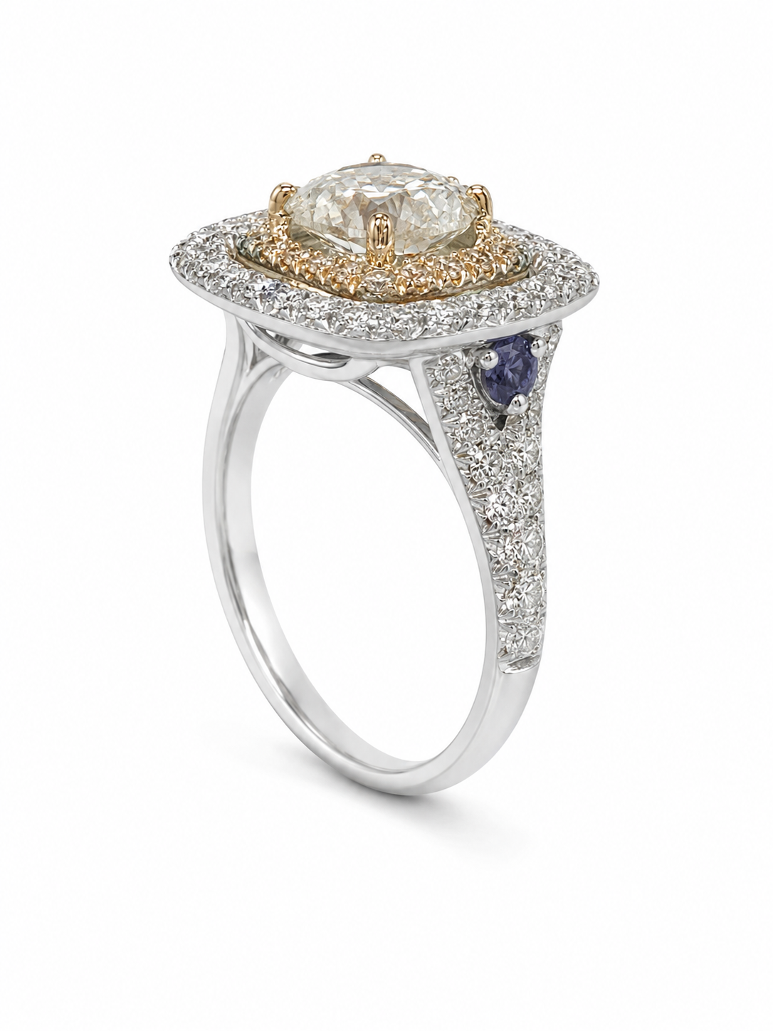 Two-Tone Diamond &amp; Blue Sapphire Double Halo Engagement Ring – 1.91 CT Center