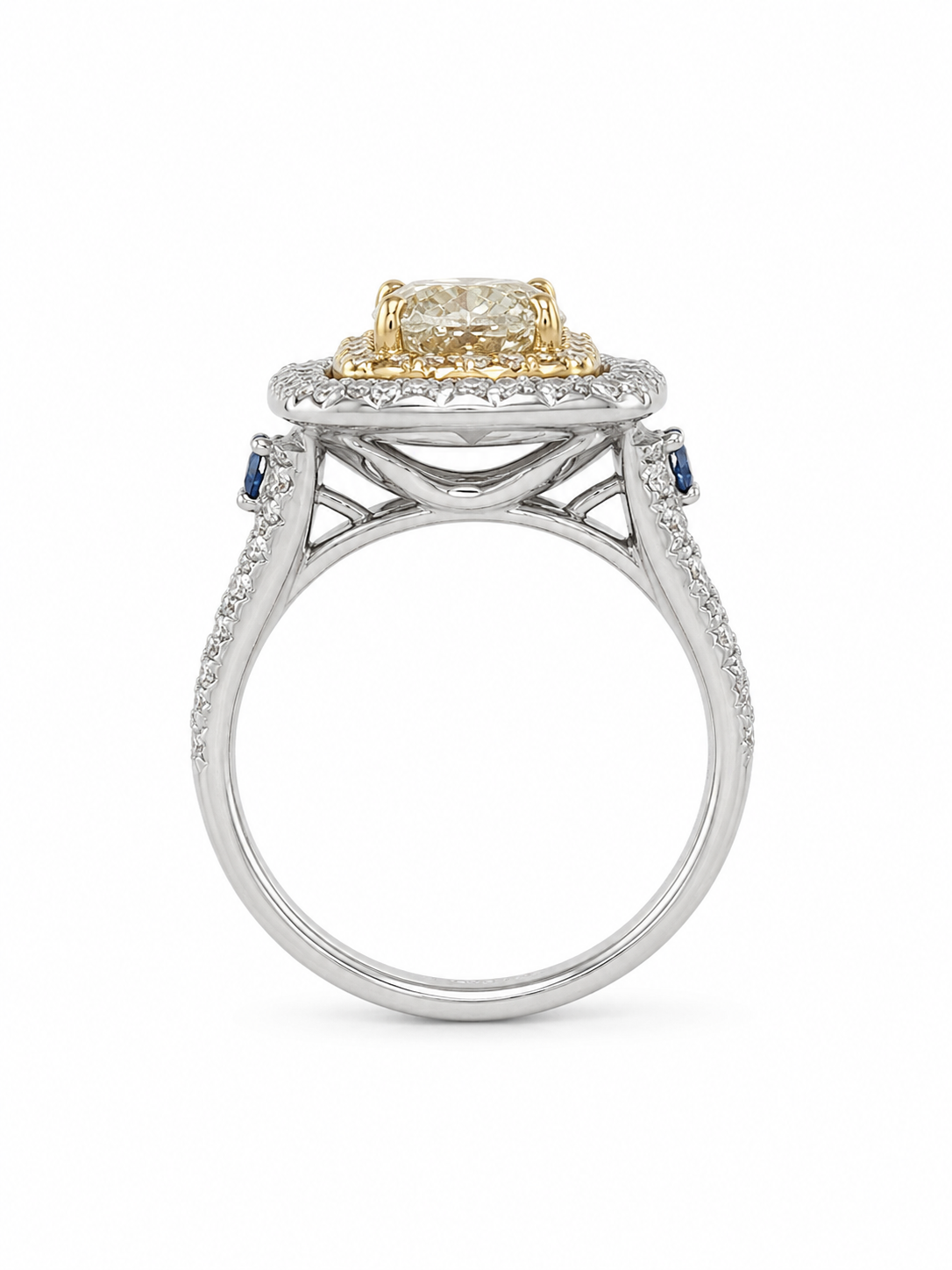 Two-Tone Diamond &amp; Blue Sapphire Double Halo Engagement Ring – 1.91 CT Center