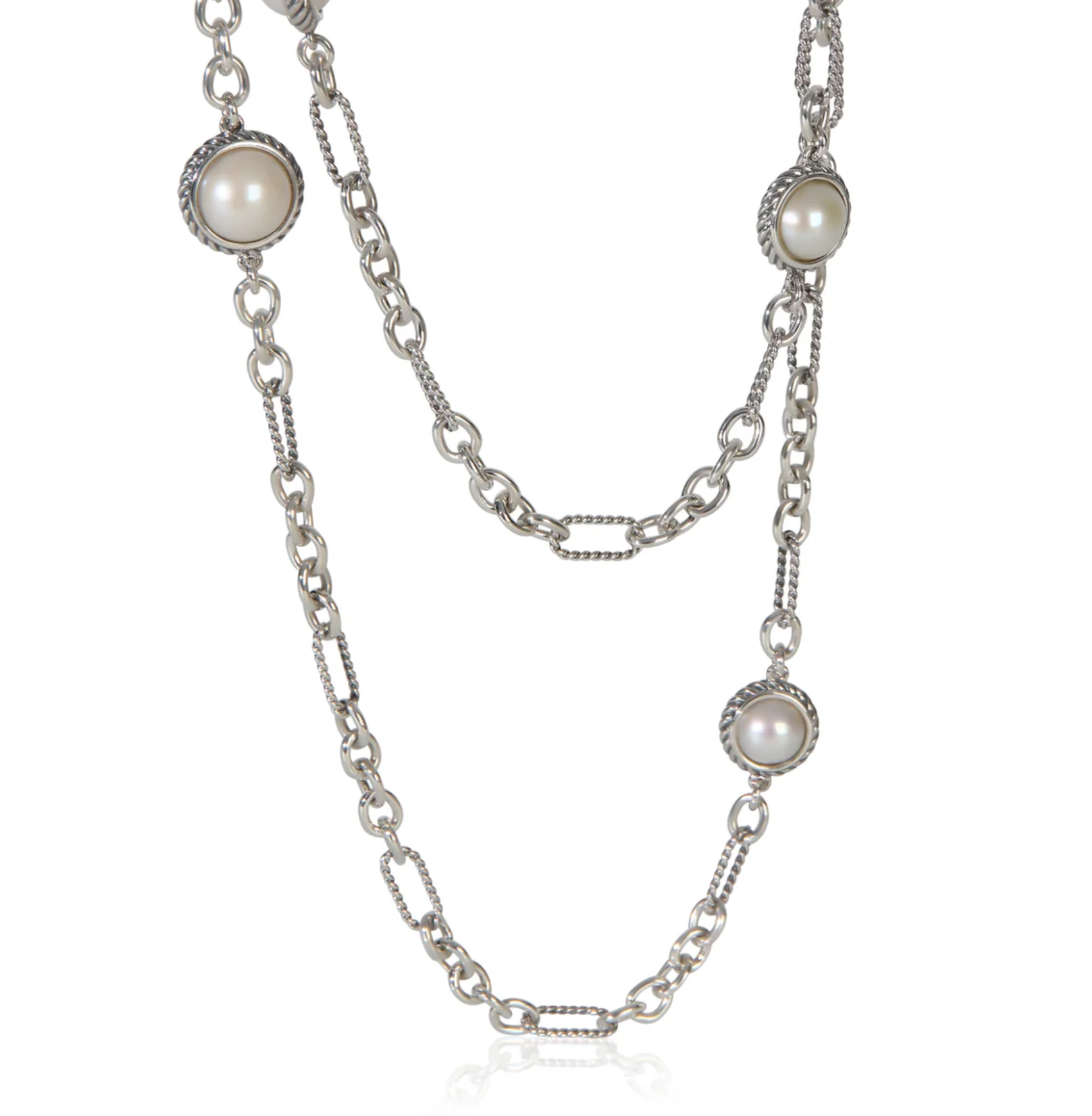 David Yurman Sterling Silver Pearl Figaro Link Station Necklace – 40"