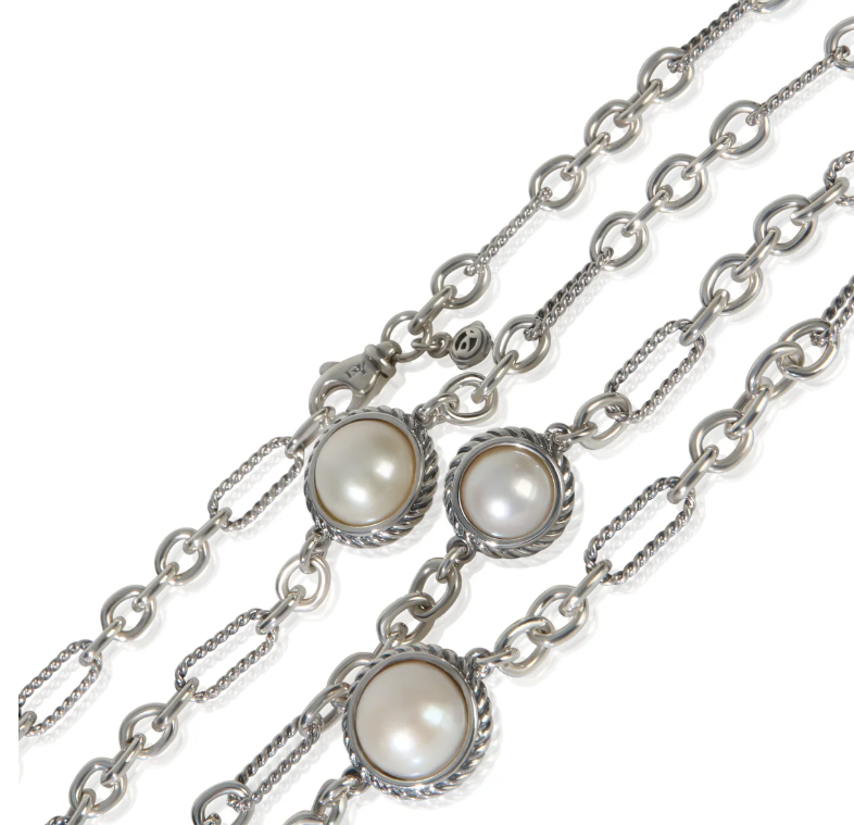 David Yurman Sterling Silver Pearl Figaro Link Station Necklace – 40"