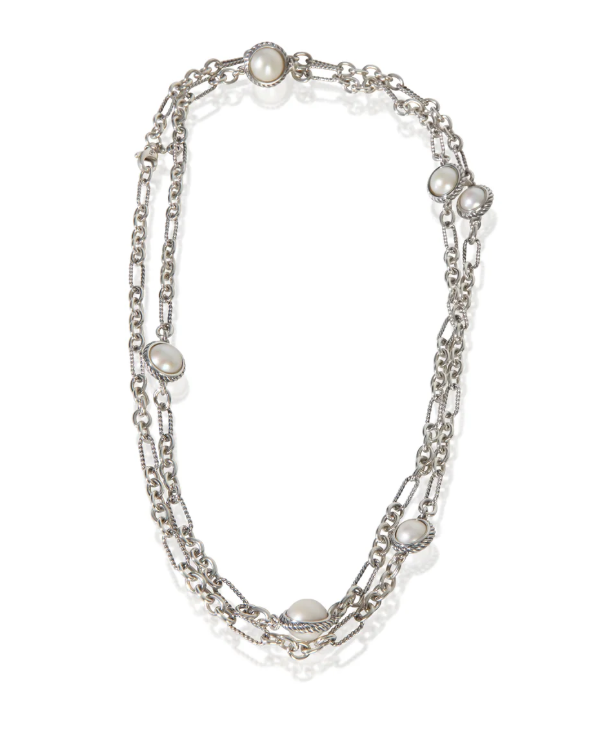 David Yurman Sterling Silver Pearl Figaro Link Station Necklace – 40"