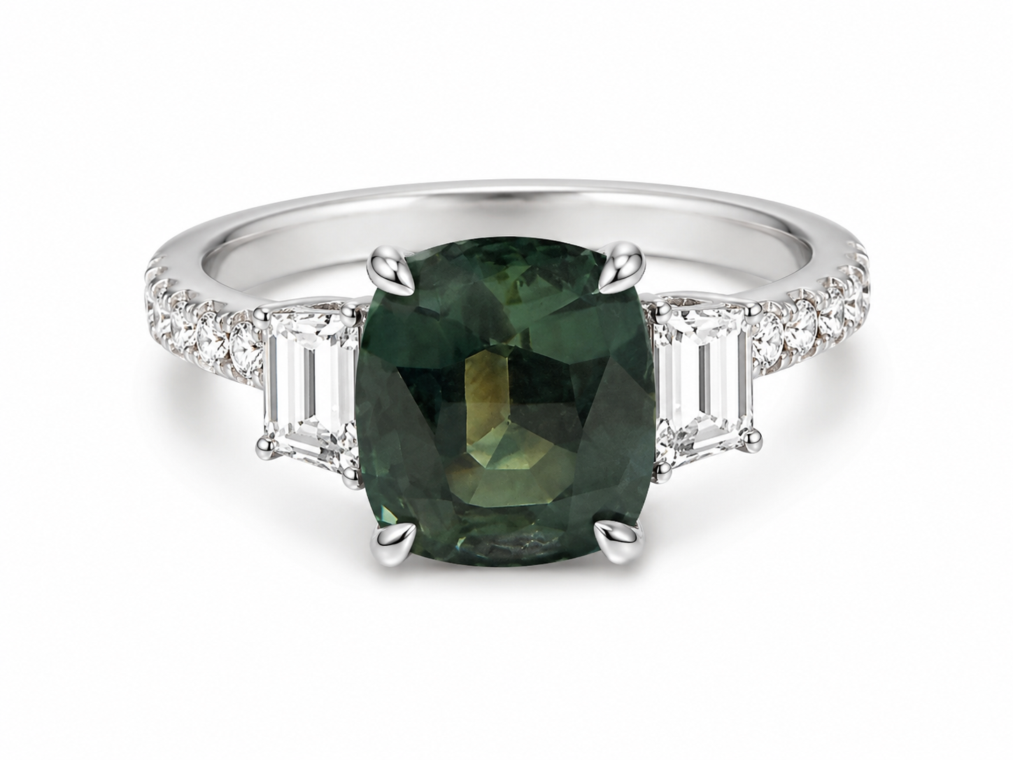 18K White Gold Cushion Green Sapphire &amp; Diamond Three-Stone Ring – 4.21 CTW
