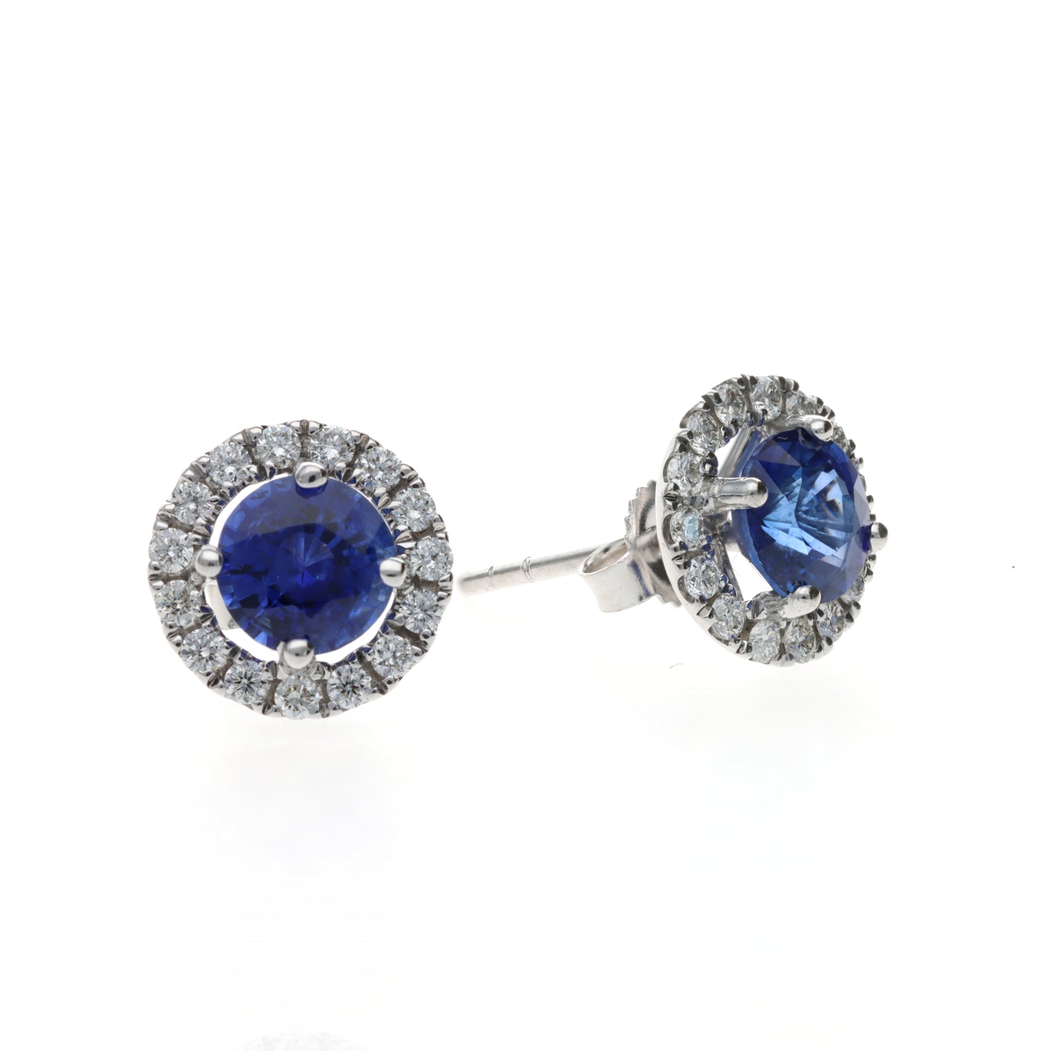 14K White Round Sapphire &amp; Diamond Halo Earrings