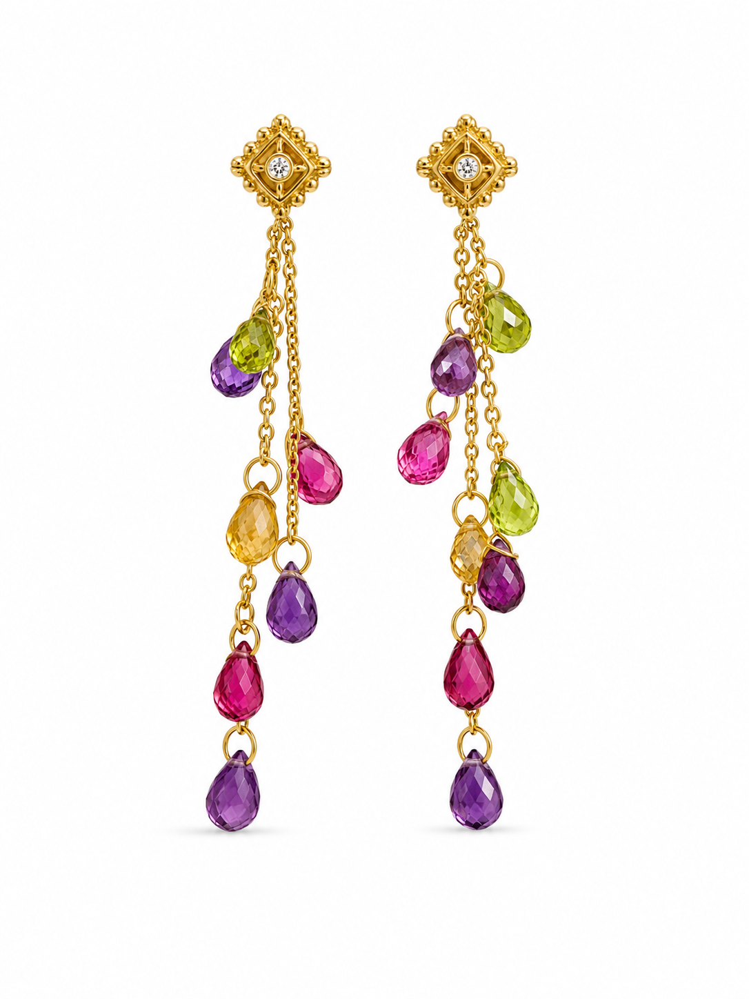 18K Yellow Gold Multi-Gemstone Drop Earrings