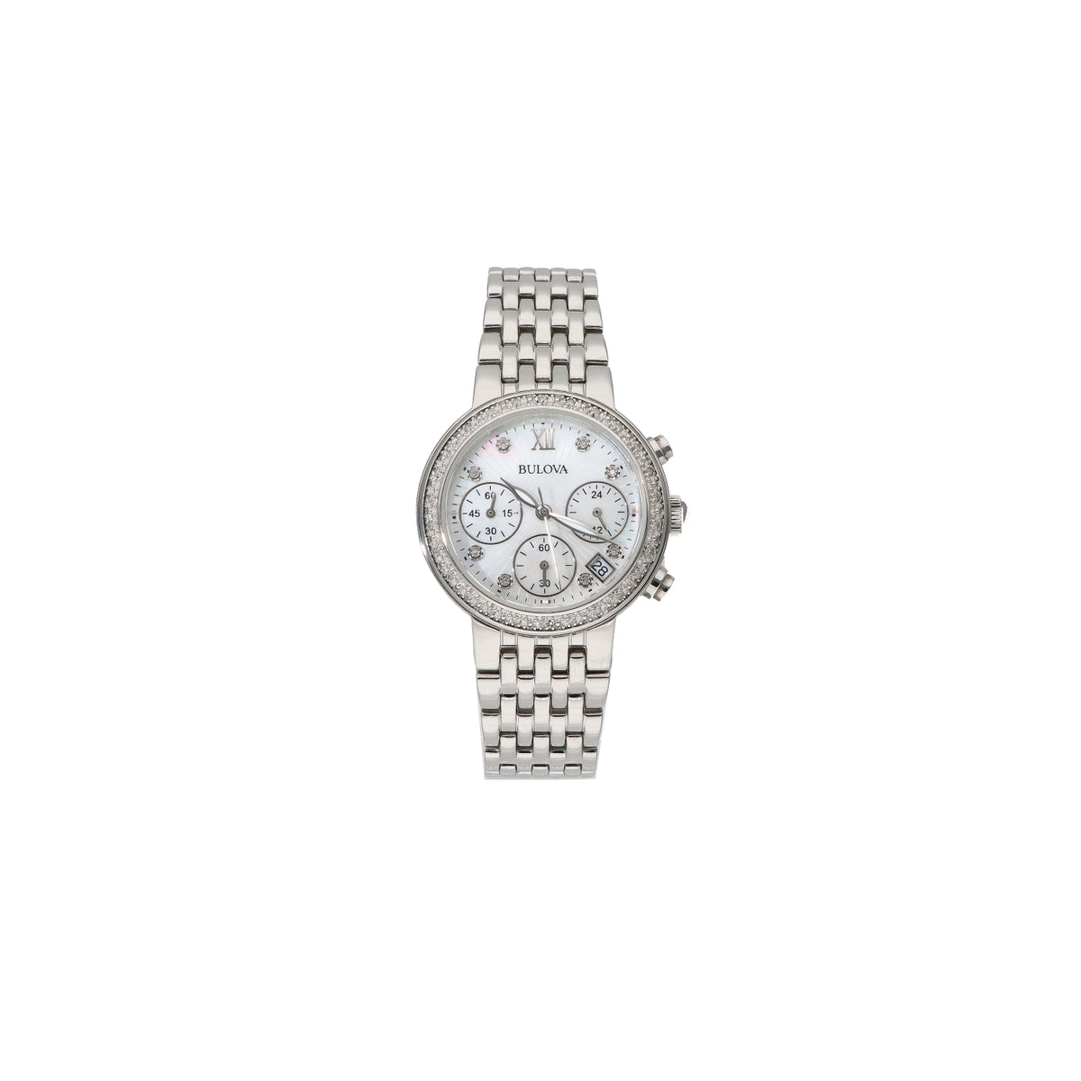 Ladies' Bulova Chronograph Mother-of-Pearl Diamond Bezel Stainless Steel Watch – 96R204
