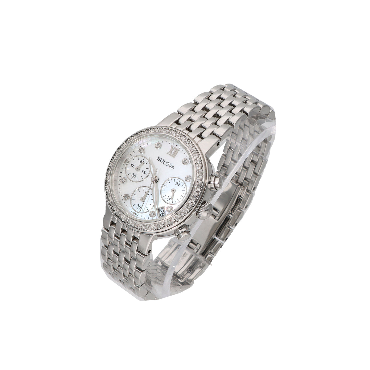 Ladies' Bulova Chronograph Mother-of-Pearl Diamond Bezel Stainless Steel Watch – 96R204