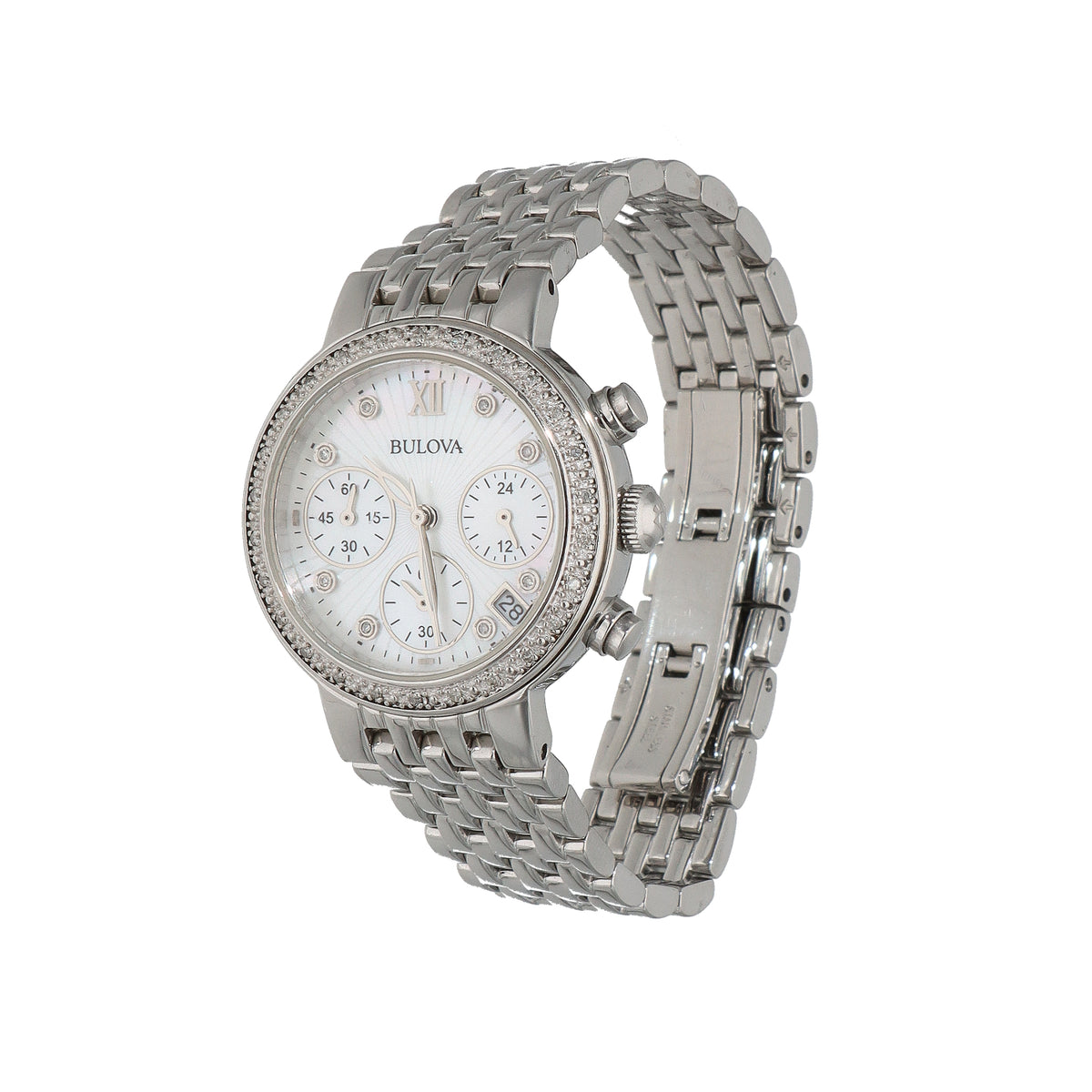 Ladies' Bulova Chronograph Mother-of-Pearl Diamond Bezel Stainless Steel Watch – 96R204