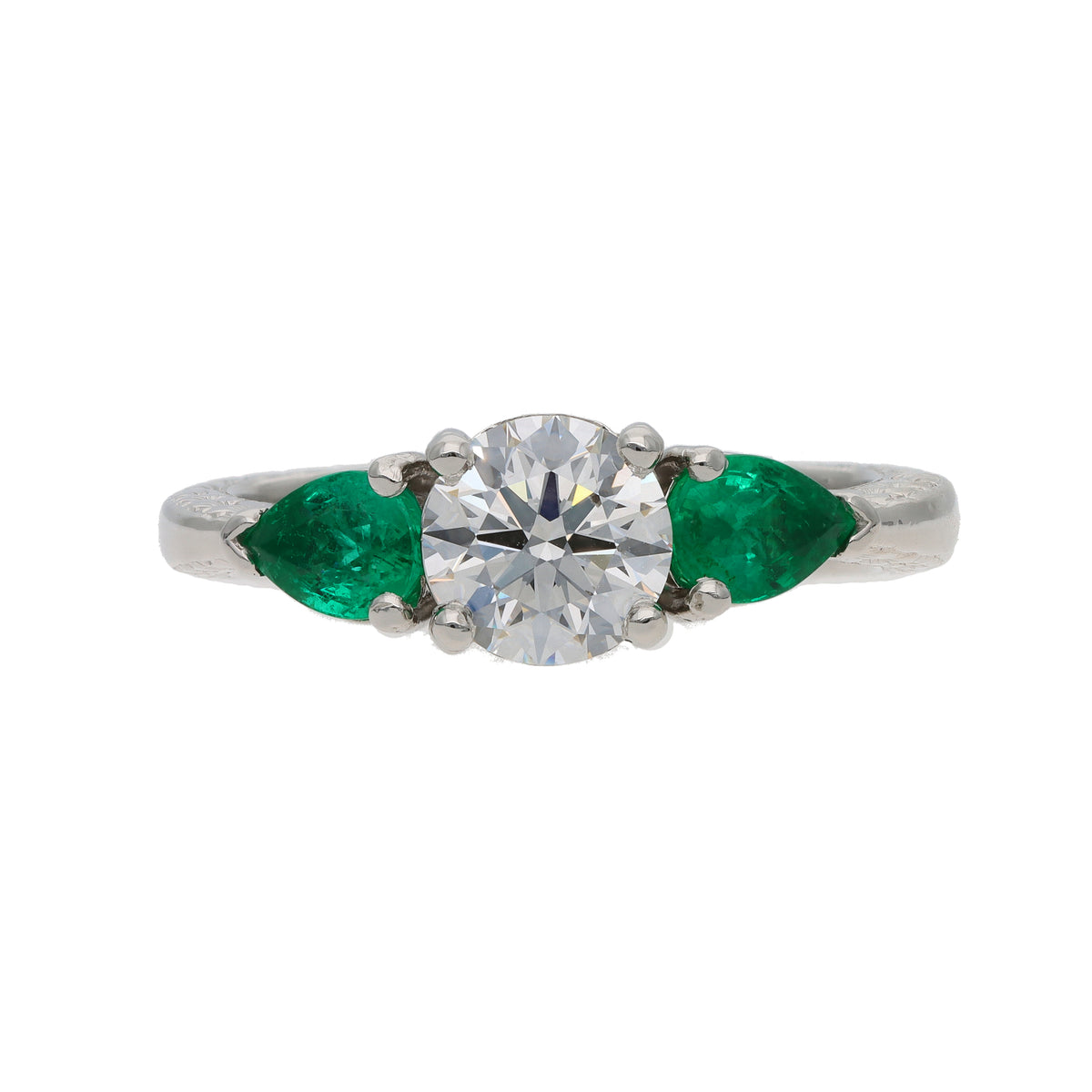 Jack Kelege Platinum 1.19ct E VVS2 Natural Diamond &amp; Colombian Emerald Three-Stone Ring