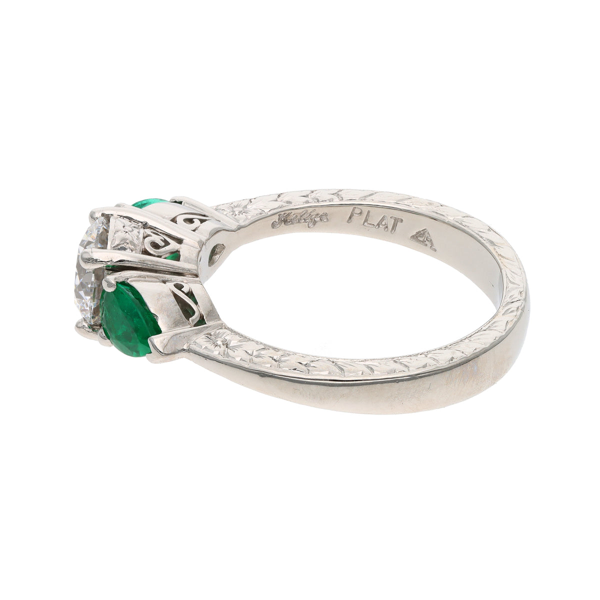 Jack Kelege Platinum 1.19ct E VVS2 Natural Diamond &amp; Colombian Emerald Three-Stone Ring