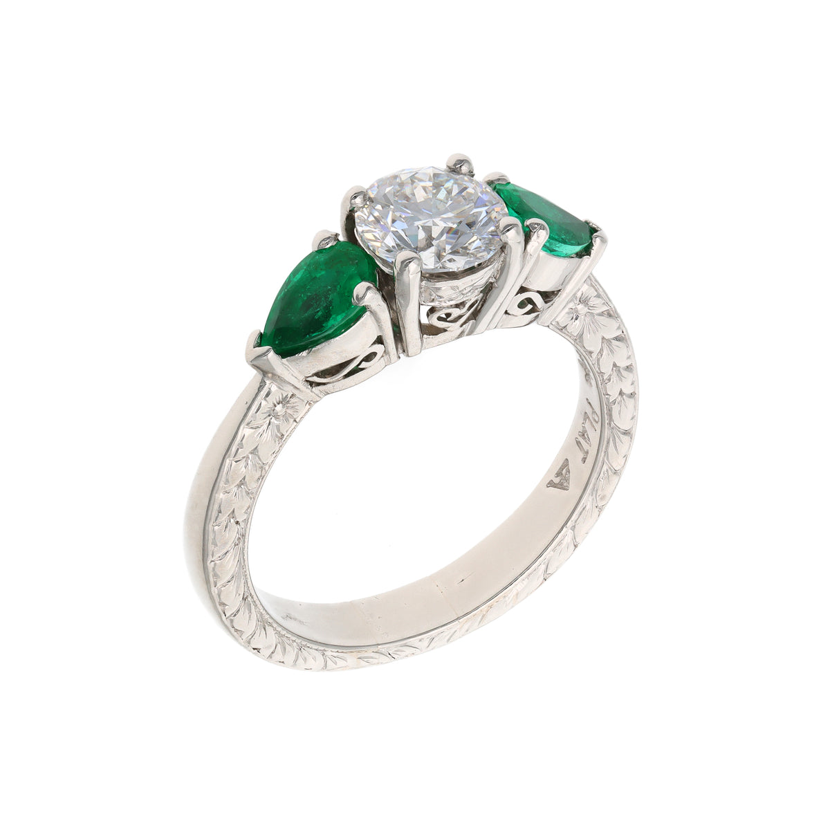 Jack Kelege Platinum 1.19ct E VVS2 Natural Diamond &amp; Colombian Emerald Three-Stone Ring