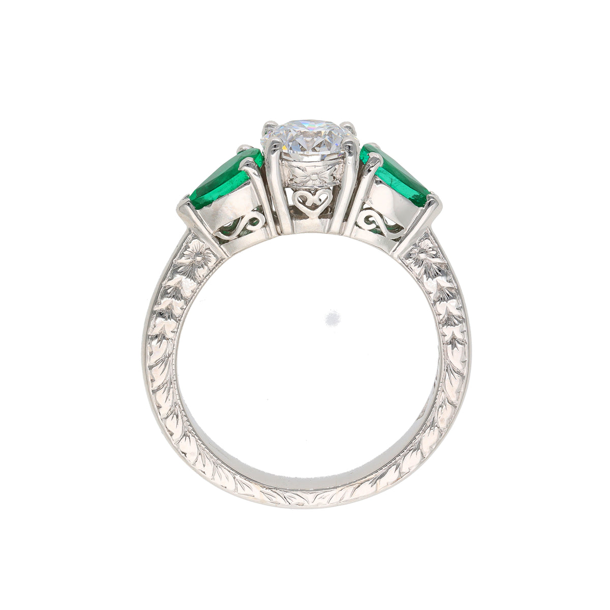 Jack Kelege Platinum 1.19ct E VVS2 Natural Diamond &amp; Colombian Emerald Three-Stone Ring