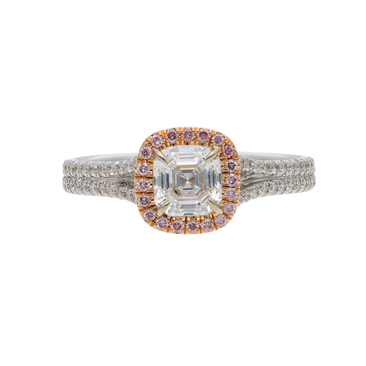 18K White Gold with Rose Gold Accents 1.04ct GIA E VS2 Asscher-Style Diamond &amp; 20 Pink Diamond Halo Engagement Ring