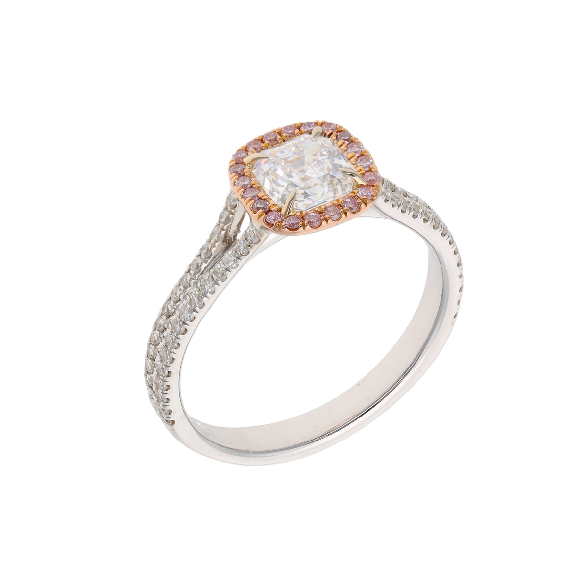 18K White Gold with Rose Gold Accents 1.04ct GIA E VS2 Asscher-Style Diamond &amp; 20 Pink Diamond Halo Engagement Ring