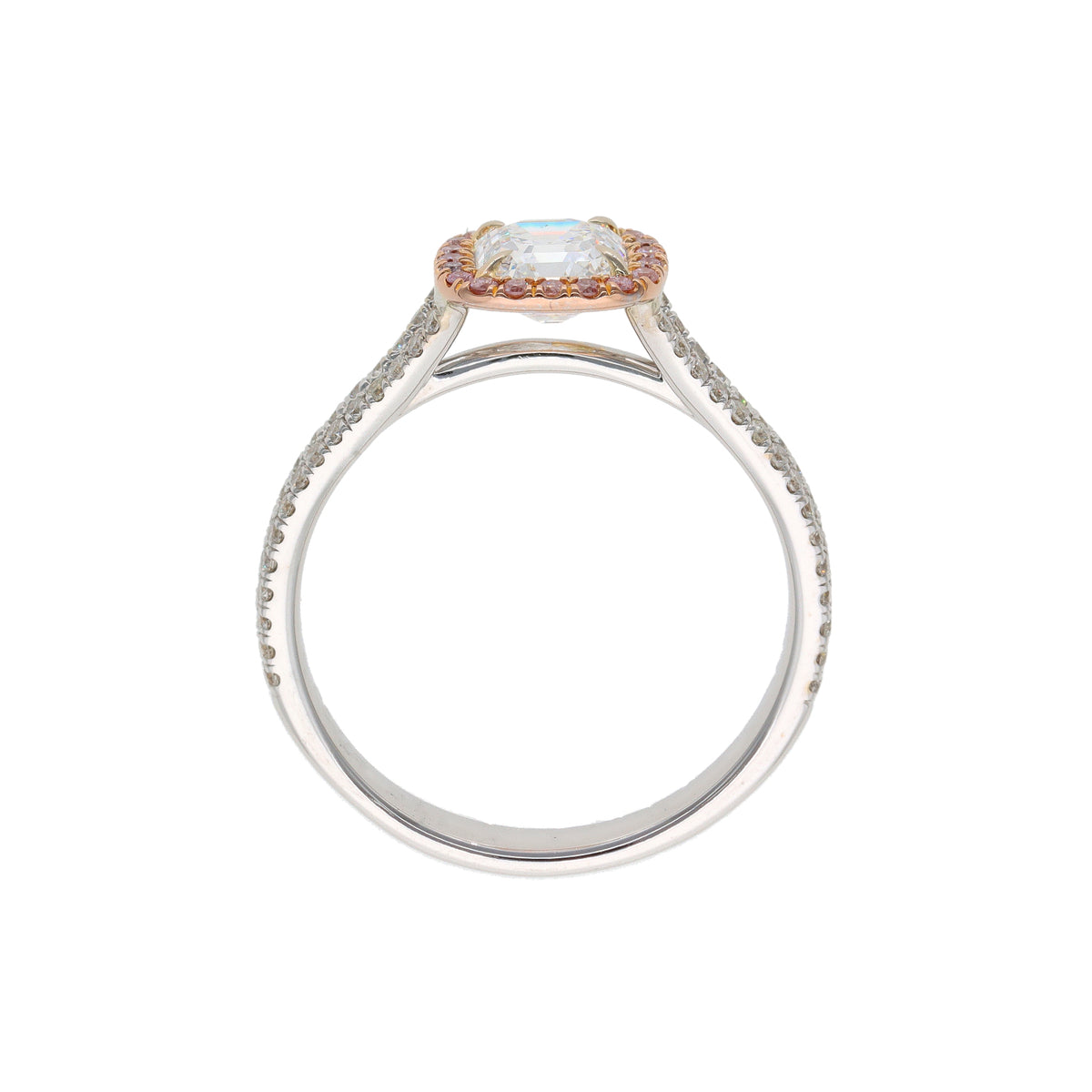 18K White Gold with Rose Gold Accents 1.04ct GIA E VS2 Asscher-Style Diamond &amp; 20 Pink Diamond Halo Engagement Ring