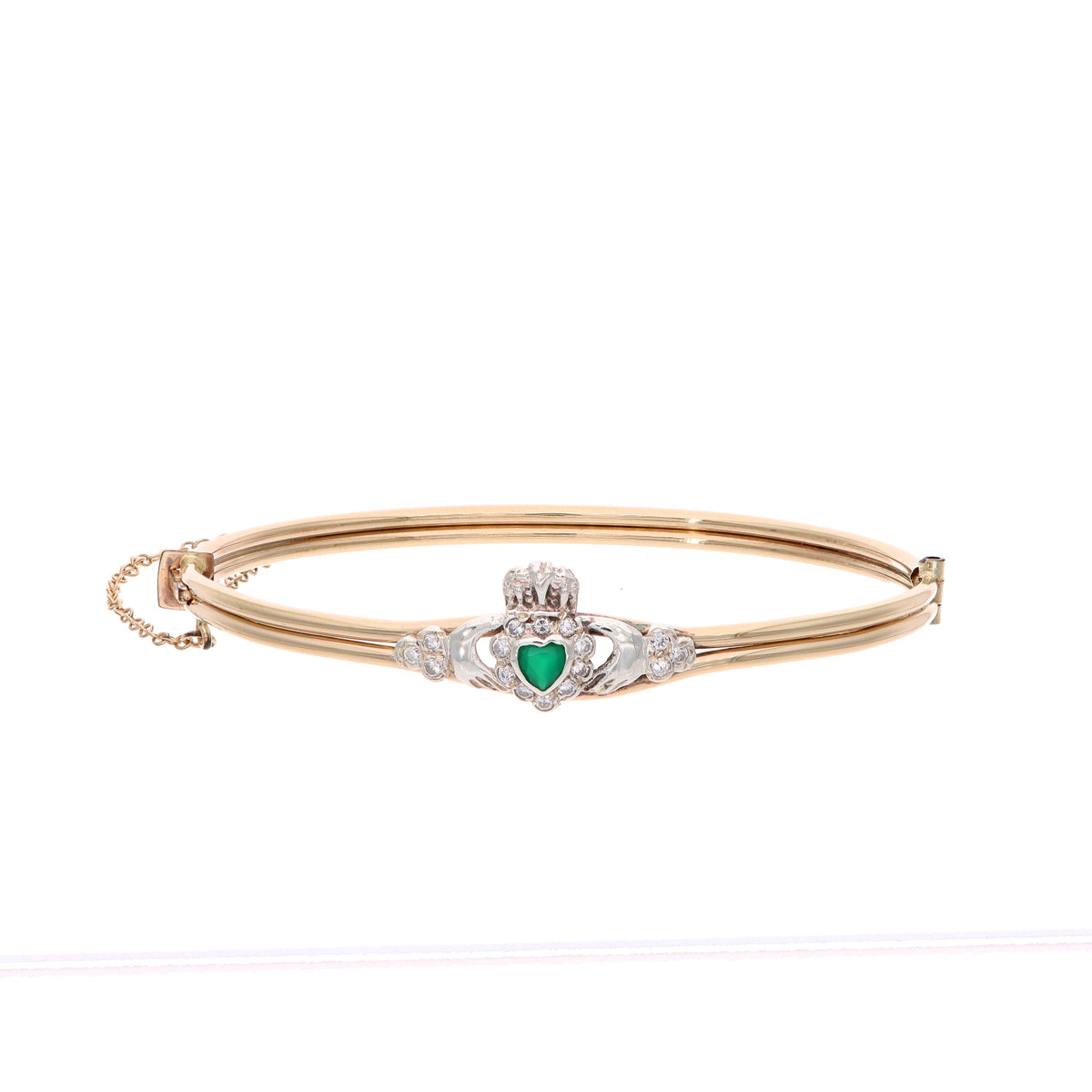 10K Gold-Filled Two-Tone Irish Claddagh Diamond &amp; Emerald Estate Bangle Bracelet
