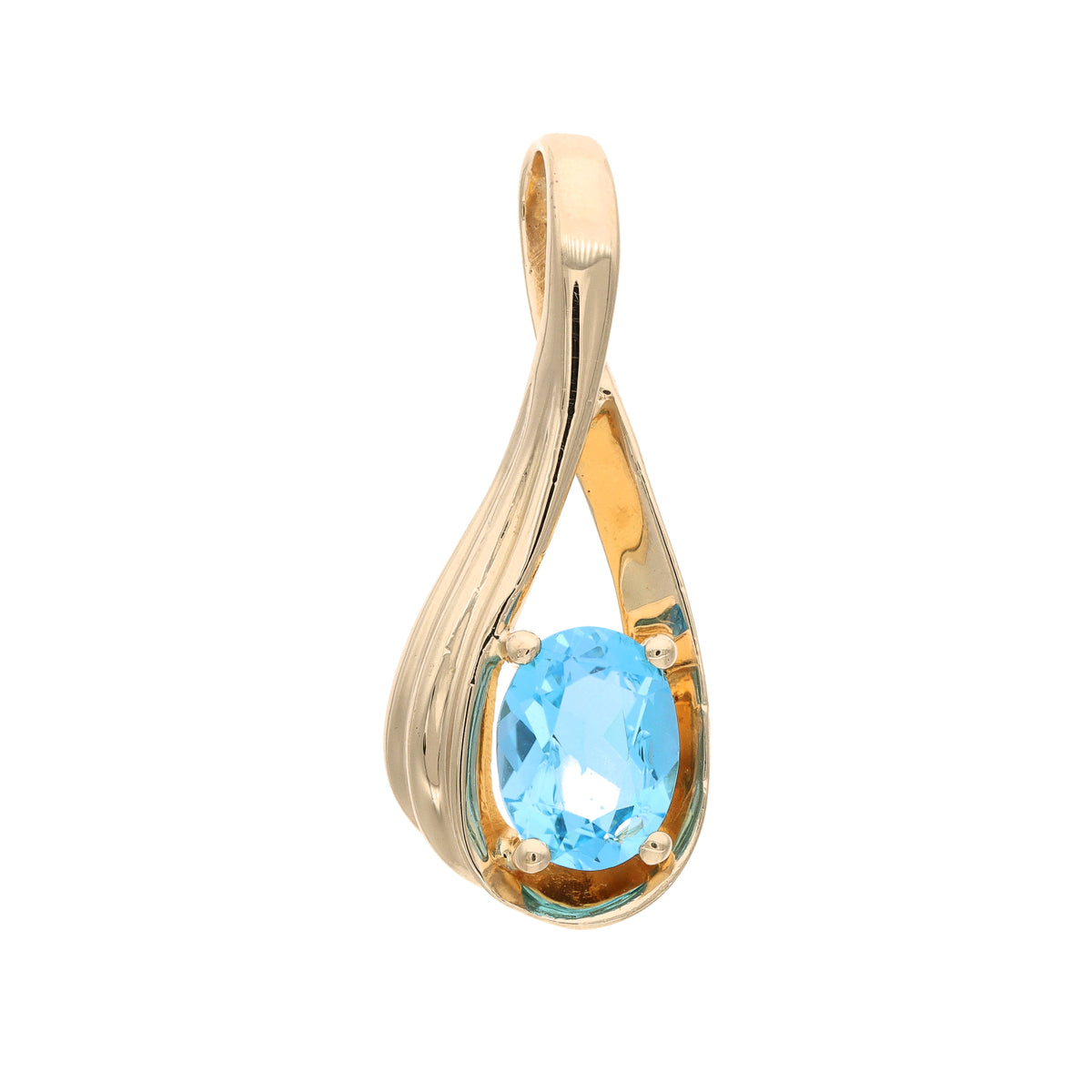 14K Yellow Gold Twisted Drop Blue Topaz Estate Pendant