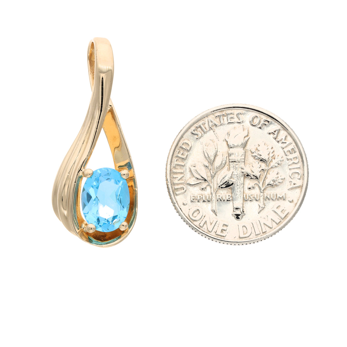 14K Yellow Gold Twisted Drop Blue Topaz Estate Pendant