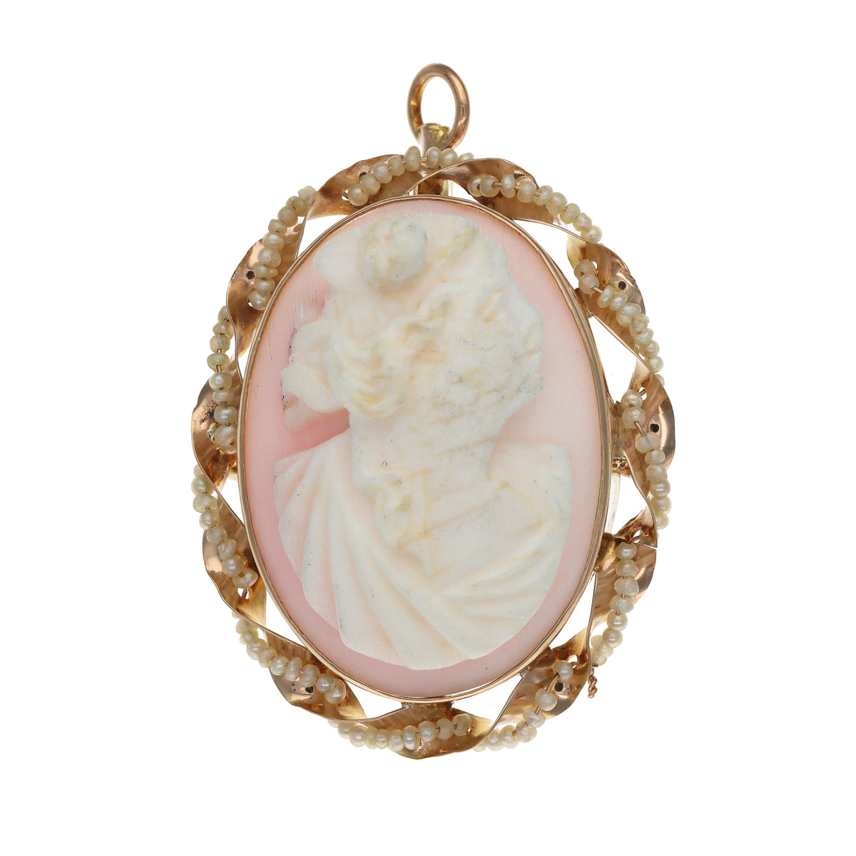 14K Yellow Gold Cameo &amp; Seed Pearl Estate Pendant Brooch