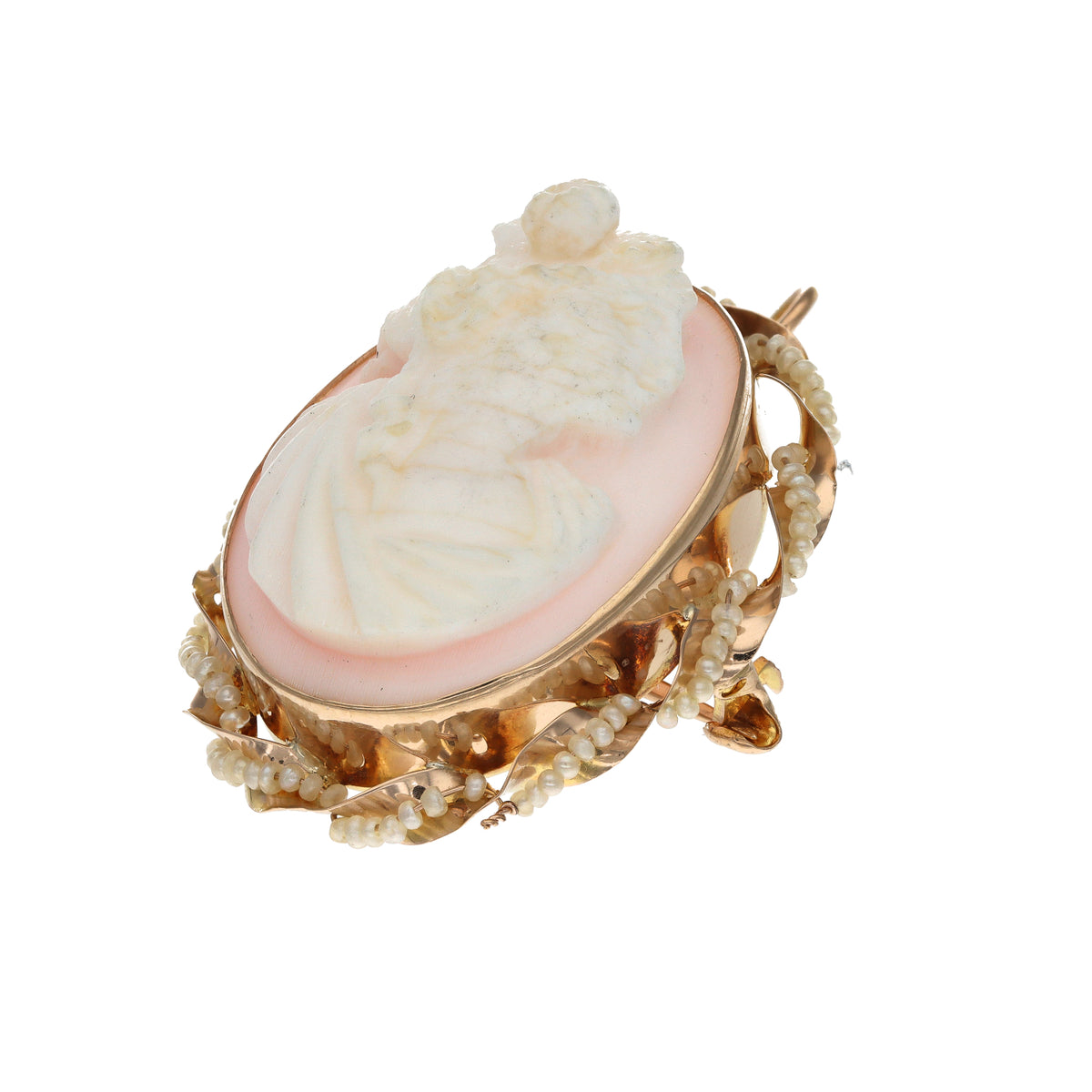 14K Yellow Gold Cameo &amp; Seed Pearl Estate Pendant Brooch