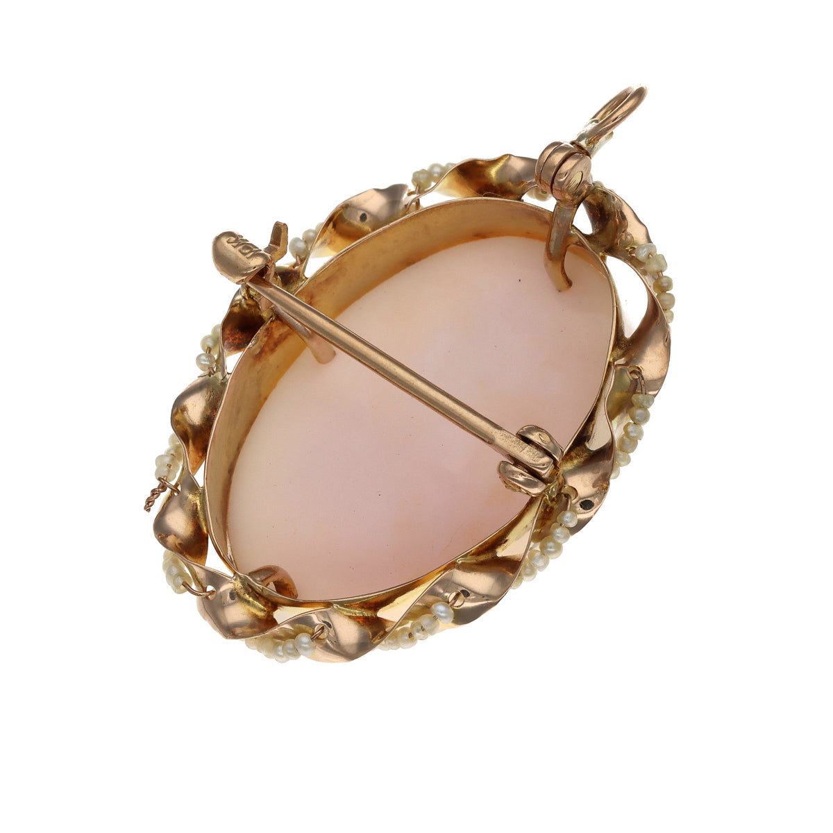 14K Yellow Gold Cameo &amp; Seed Pearl Estate Pendant Brooch