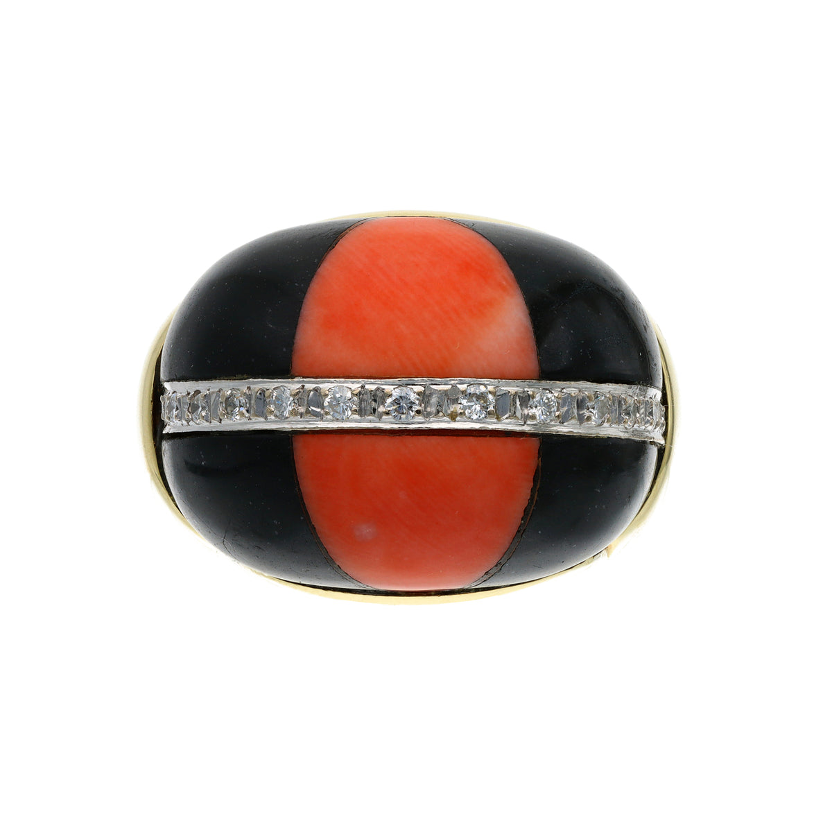 14K Yellow Gold Contemporary Estate Diamond, Onyx &amp; Coral Fashion Ring