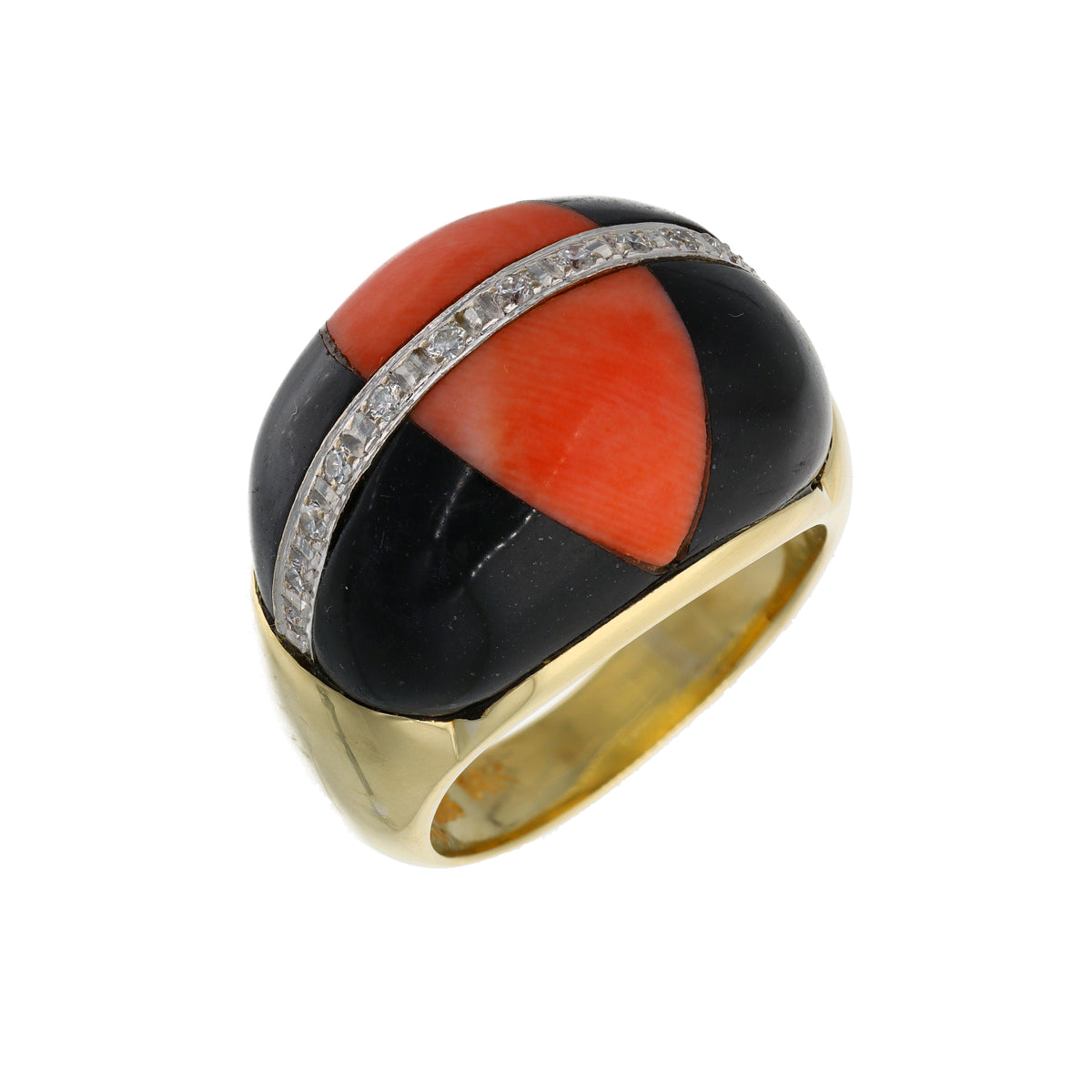 14K Yellow Gold Contemporary Estate Diamond, Onyx &amp; Coral Fashion Ring