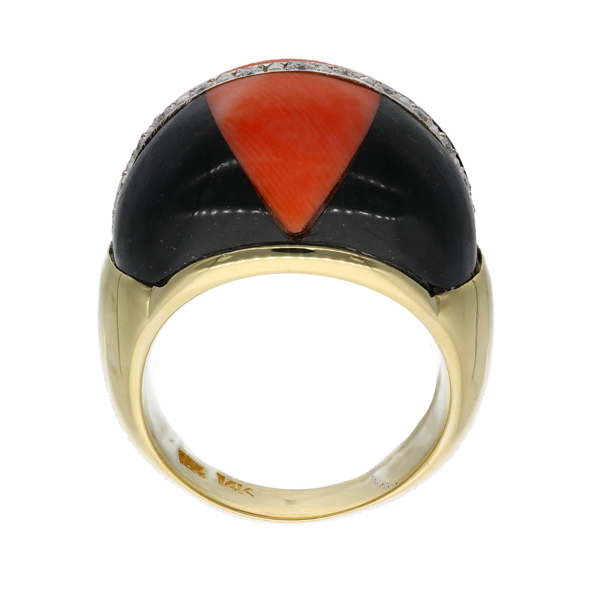 14K Yellow Gold Contemporary Estate Diamond, Onyx &amp; Coral Fashion Ring