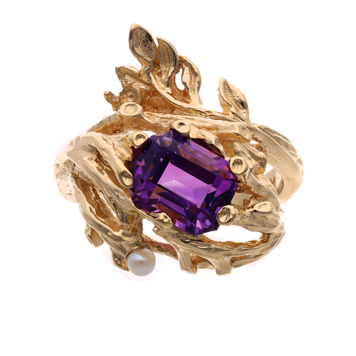 14K Yellow Gold Estate Amethyst &amp; Pearl Flower Fashion Ring
