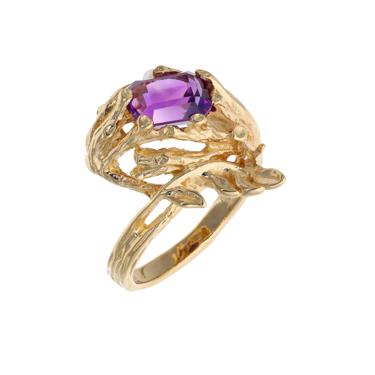 14K Yellow Gold Estate Amethyst &amp; Pearl Flower Fashion Ring