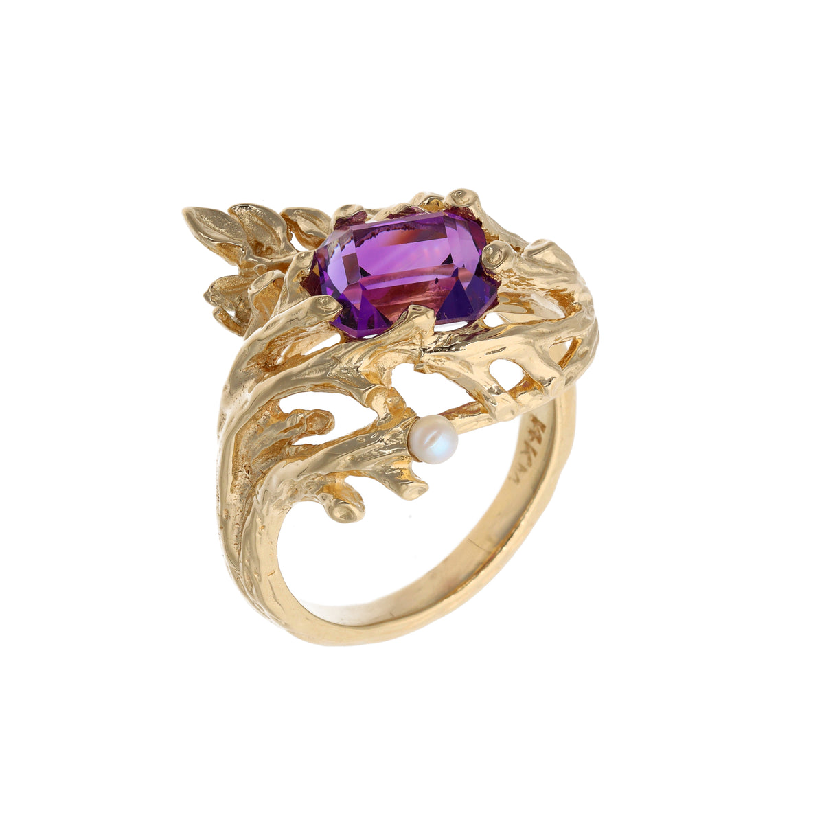 14K Yellow Gold Estate Amethyst &amp; Pearl Flower Fashion Ring